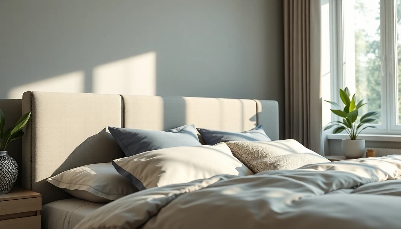 Headboard mounting brackets showcased in a modern bedroom setting, emphasizing sleek design.