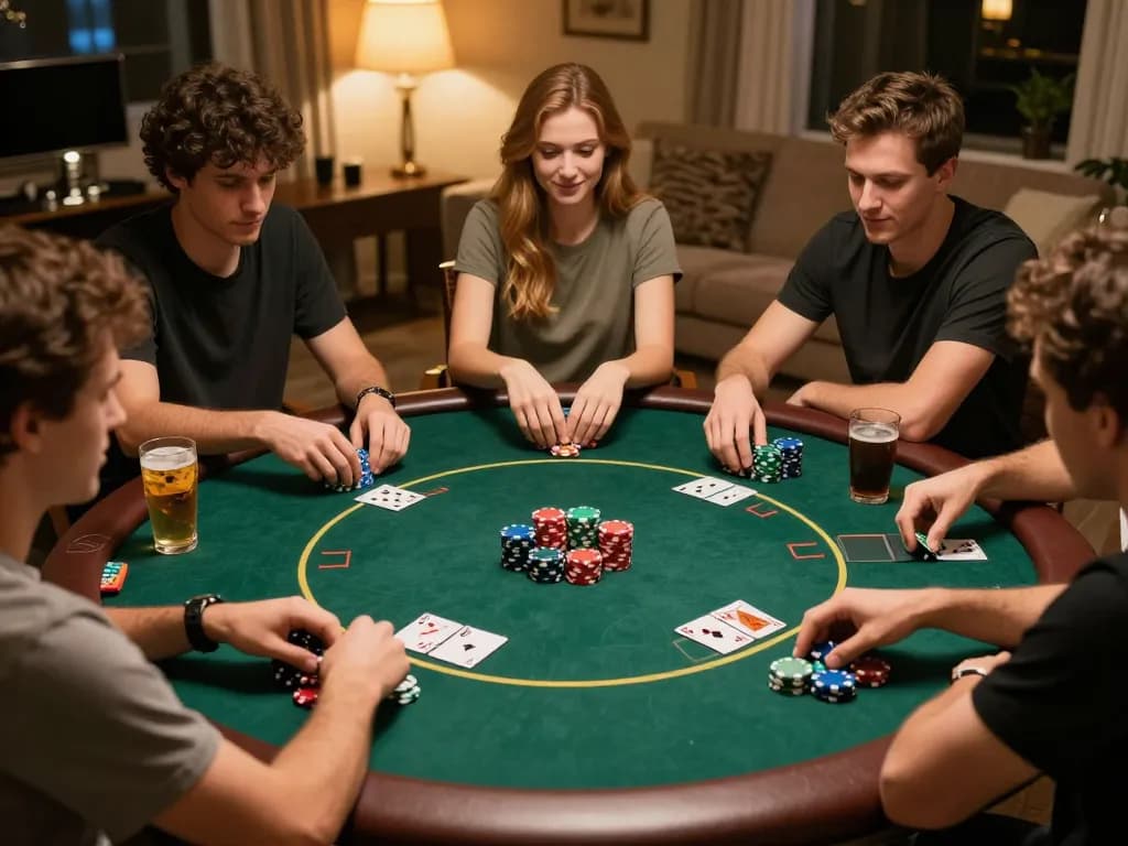 lc88 players enjoying a thrilling poker night with chips and drinks in a cozy home