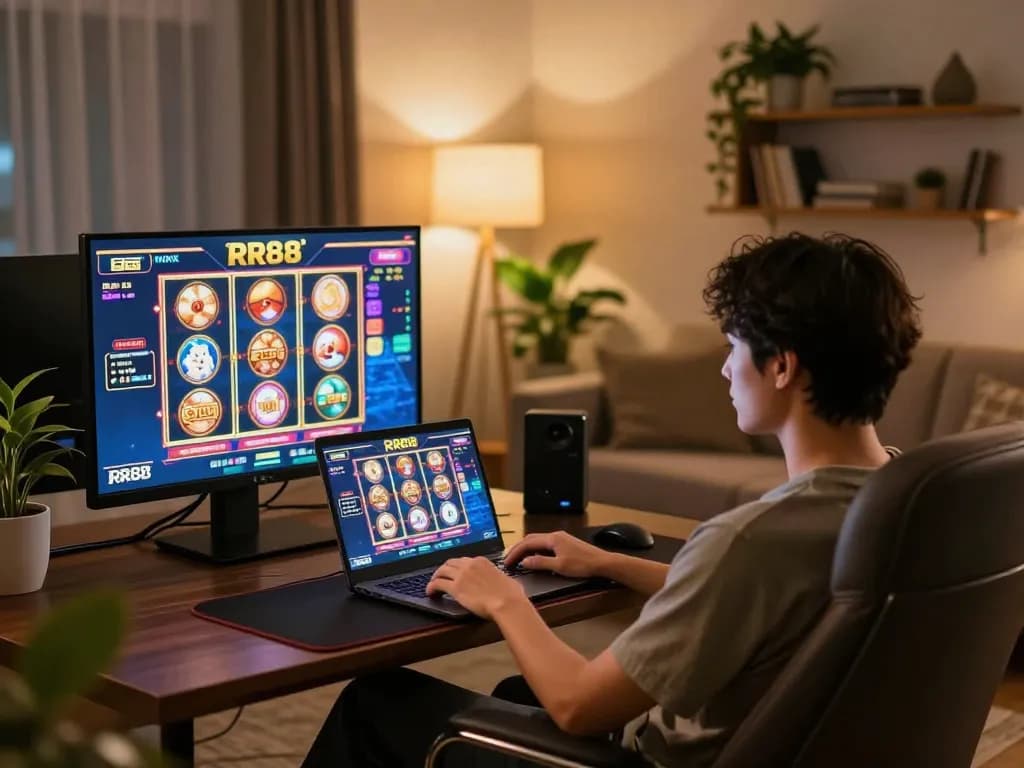 Player enjoying online slots at RR88, showcasing a vibrant gaming experience in a cozy environment.