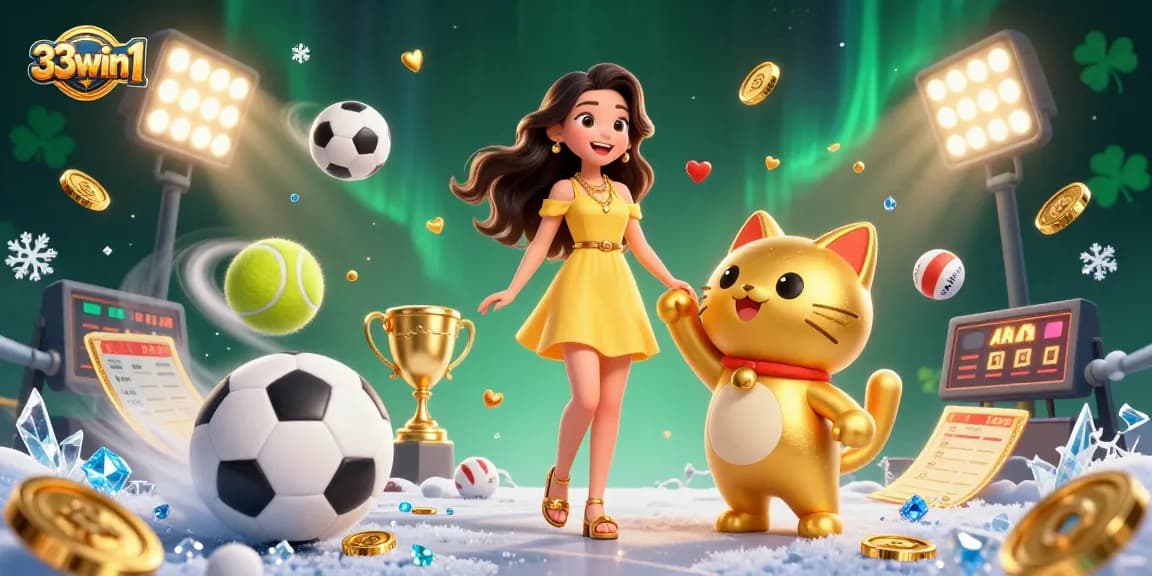 Experience the thrill at 33win 1 with a cheerful woman and golden lucky cat surrounded by vibrant casino elements.