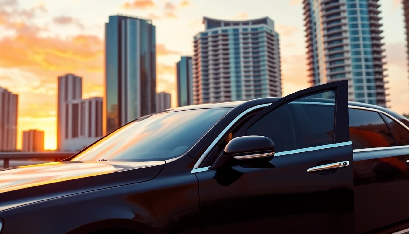 Experience Miami limo service with a professional chauffeur in front of the stunning Miami skyline.