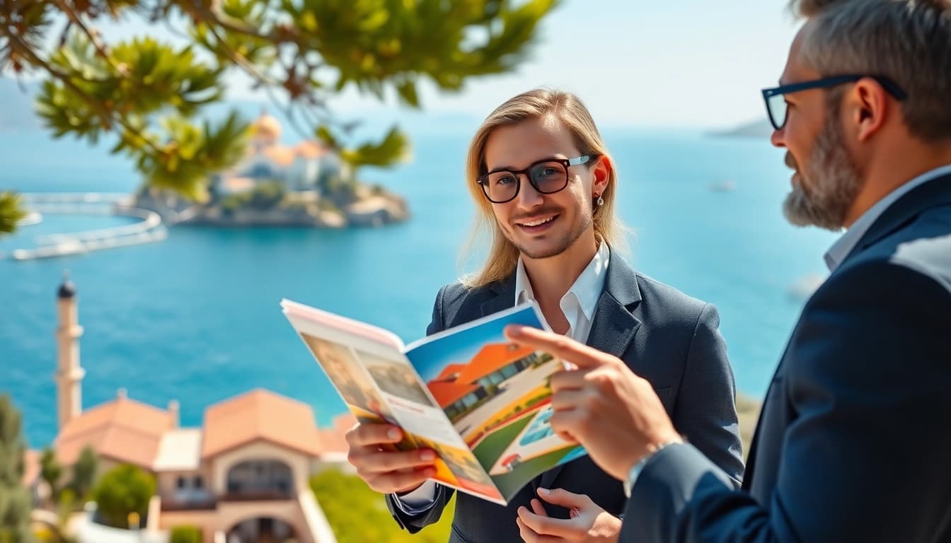 Showcasing Alanya property sale, a real estate agent presents properties against a vibrant coastal backdrop.