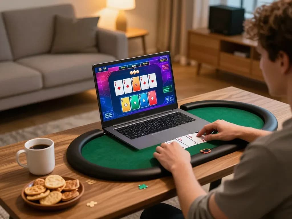Player engaging in online poker at home, experiencing kubet's thrilling gaming interface in a cozy setting