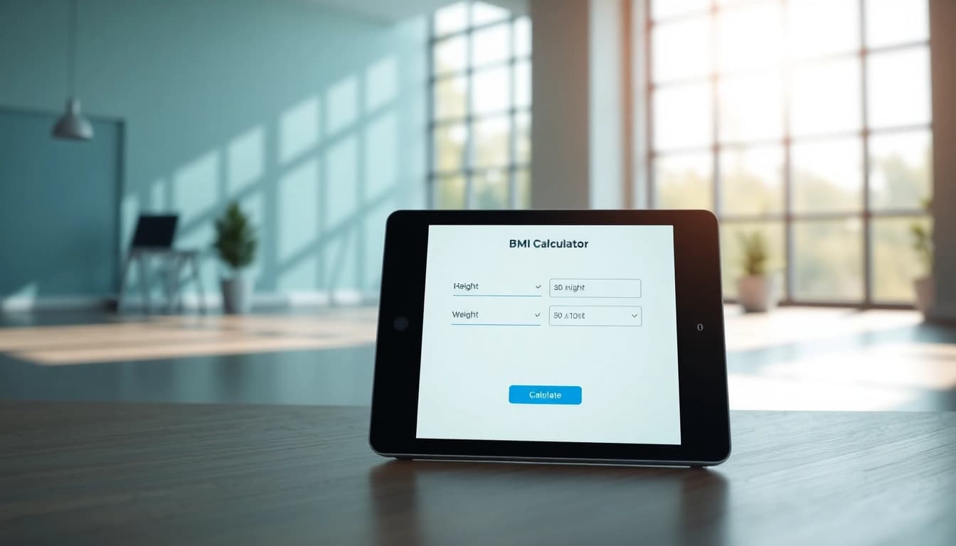 Calculate your BMI calculator with a modern interface on a digital device set in a tranquil environment.