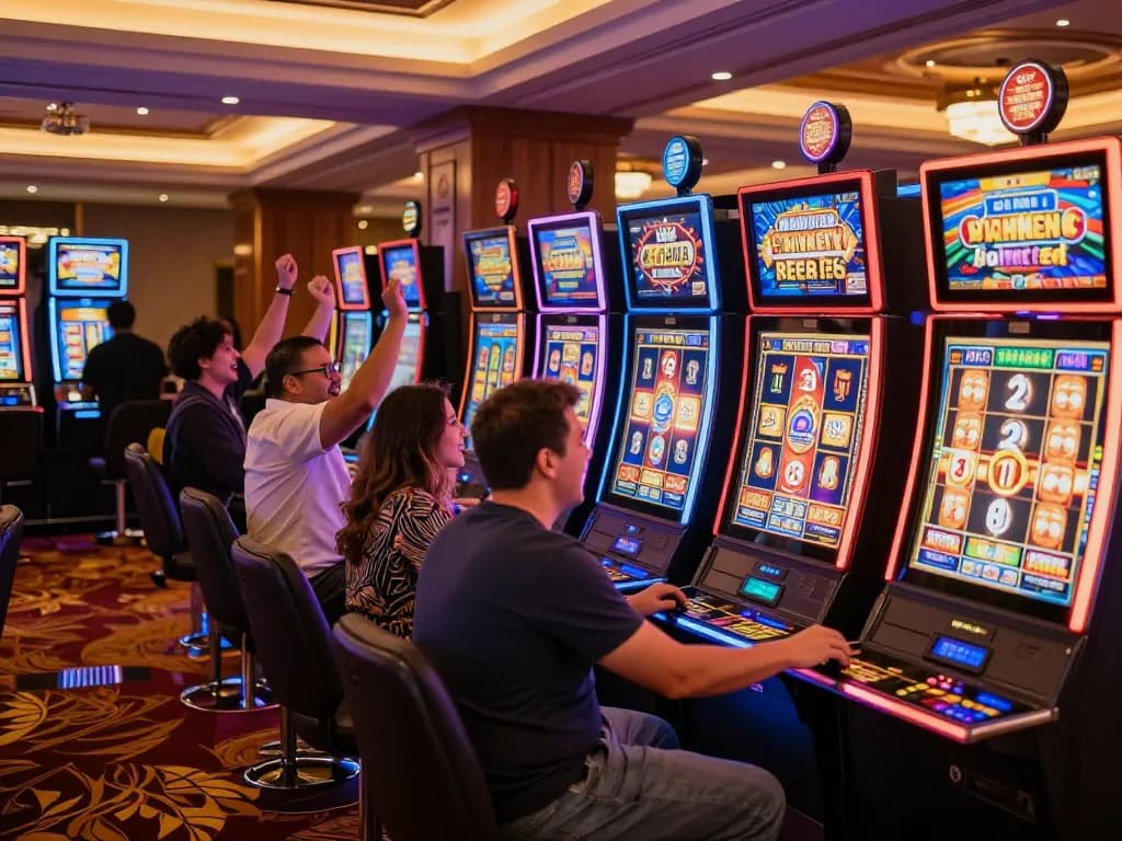 Players celebrating a big win on link slot machines in an upscale casino.