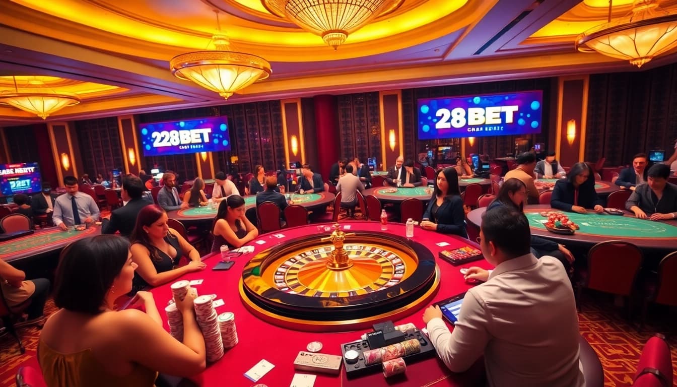 Exciting casino scene with vibrant gambling activity and 28BET branding.