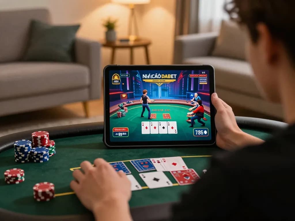 Engaged player enjoying NHÀ CÁI DABET on tablet, showcasing vibrant poker action in a cozy home setting.