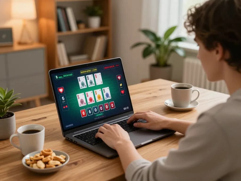 Engaging in online blackjack gaming at https://cm888.mobi/ with a cozy home office setup, showcasing live dealer interaction.
