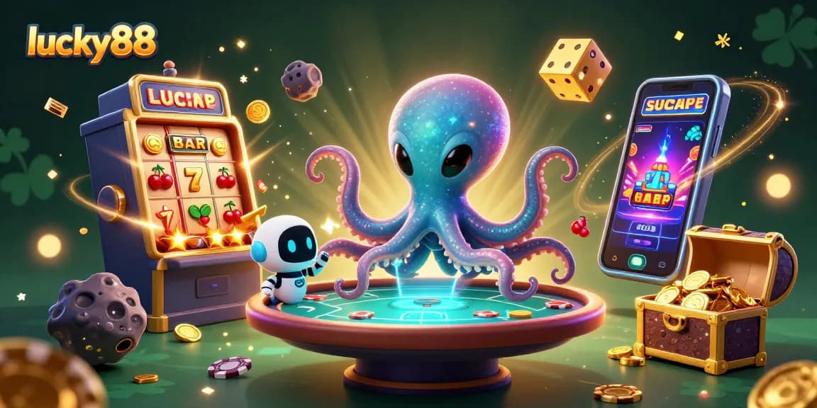 Experience thrilling gameplay with lucky88 at an alien-themed casino with vibrant slot machines and playful characters.