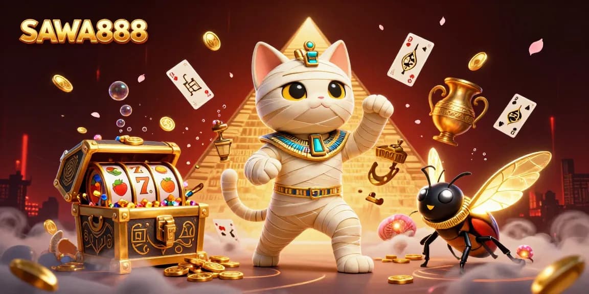 Experience exciting gameplay with SAWA888's Egyptian-themed slots featuring a mummy cat and treasures.