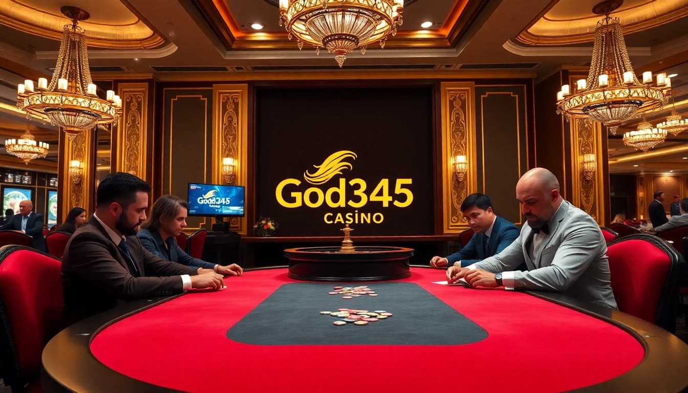 Experience the thrill of gambling at God345 casino with an elegant poker table and spinning roulette.