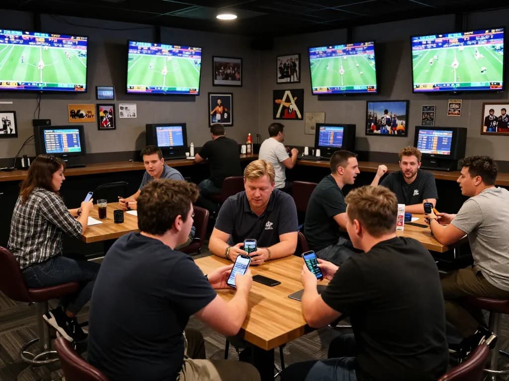 Engaged sports bettors using fb88 app for live betting strategies in a vibrant lounge setting.