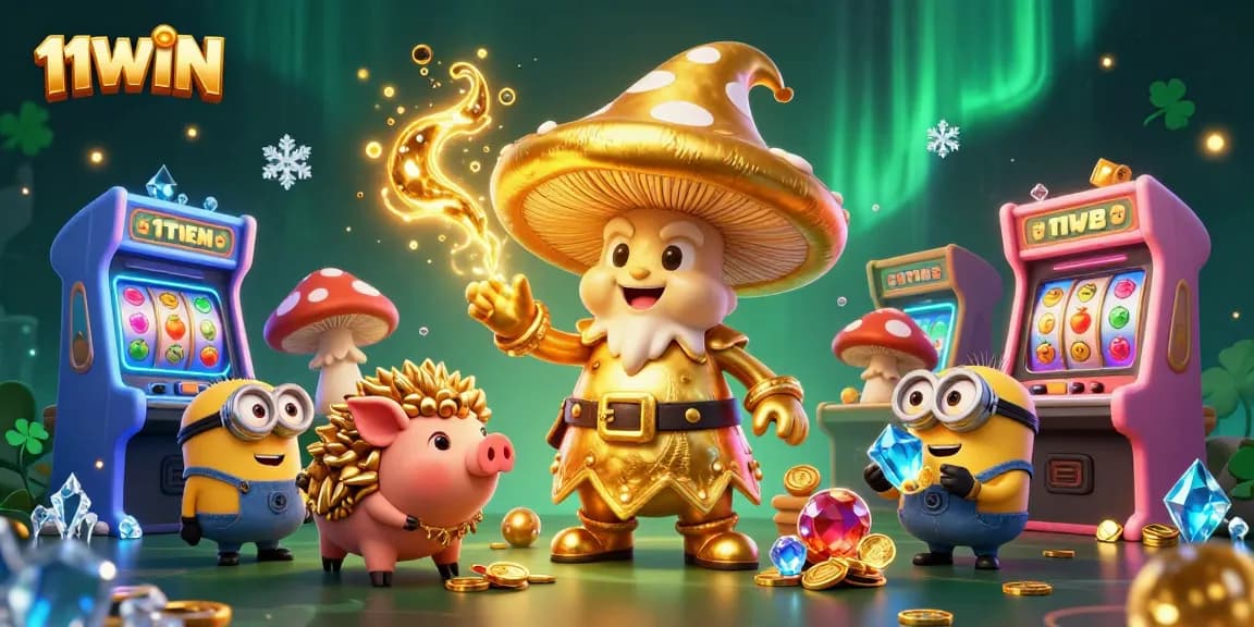 Spin to win with 11WIN: Enchanted wizard and treasures in a vibrant casino scene.