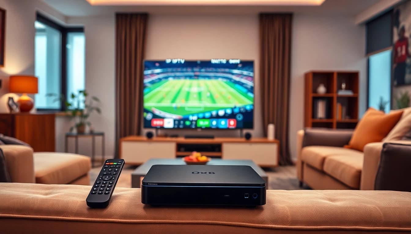 Comprar IPTV en un moderno salón con televisor y entretenimiento vibrante.