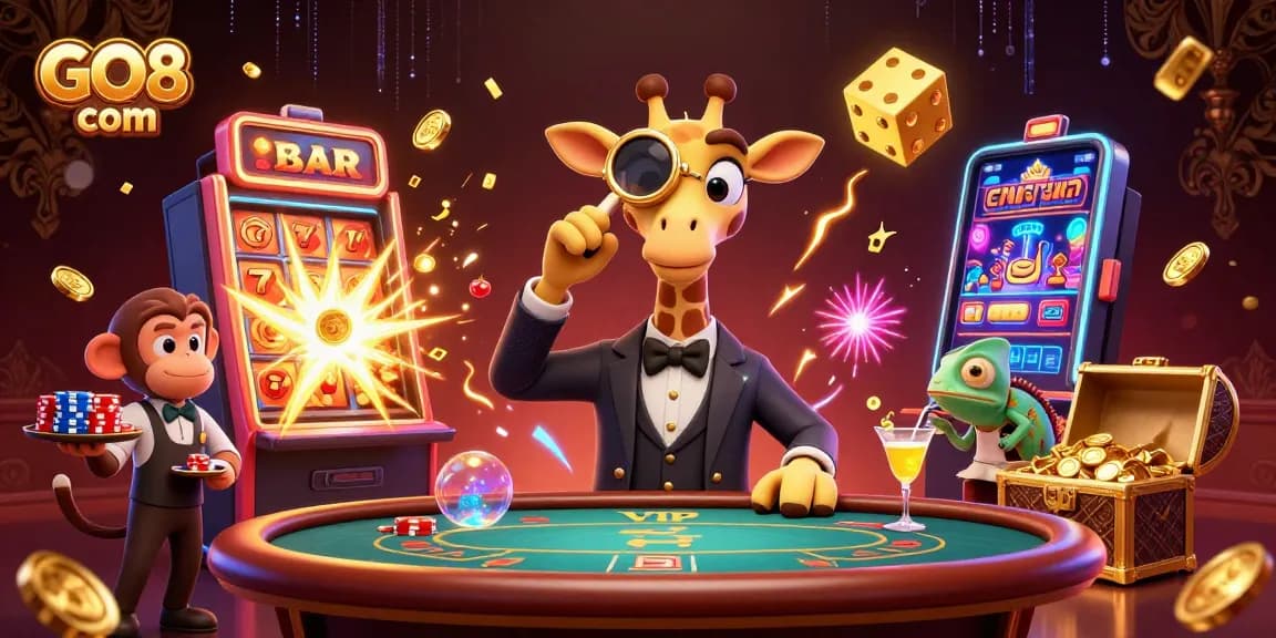 Engage with thrilling casino adventures at GO8 com with vibrant 3D characters amidst a jackpot explosion.