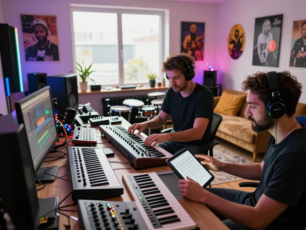 Collaborative electronic music production session at 8Day studio with vibrant atmosphere