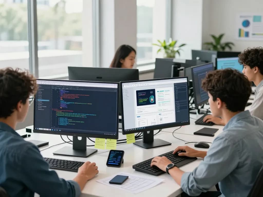 A collaborative workspace showcasing website development with diverse developers working on coding and design.