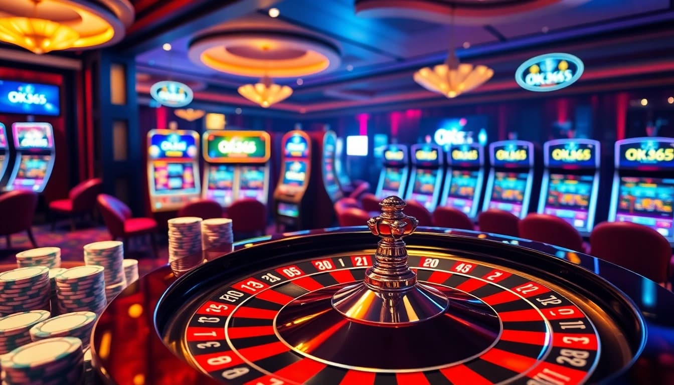 OK365 offers a vibrant casino experience with poker chips, roulette, and high-stakes excitement.