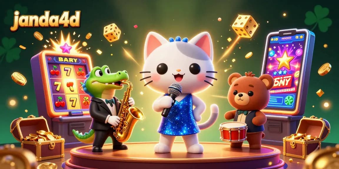 Menangkan jackpot di JANDA4D dengan gambar kasino yang meriah dan kucing penyanyi jazz yang menarik.