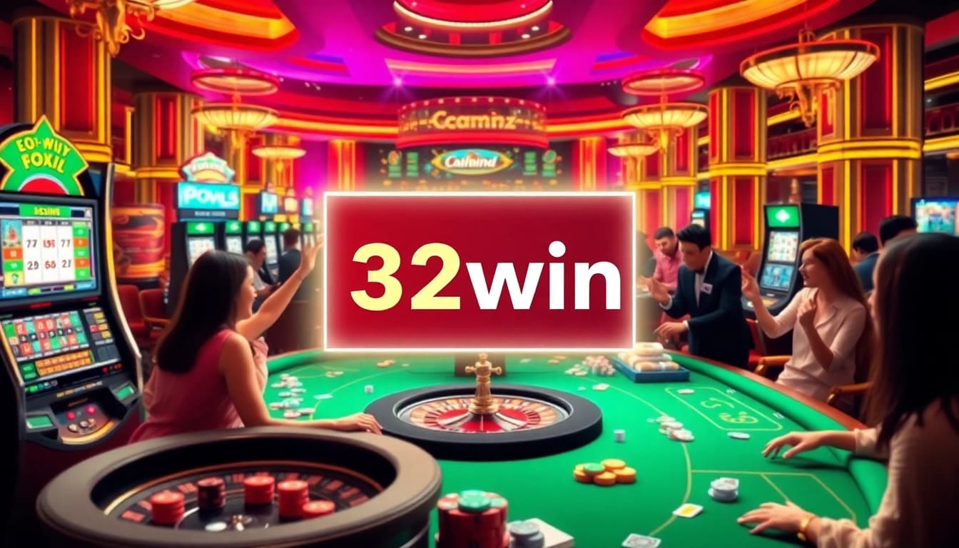 Engage in online gambling excitement with link 32win's vibrant casino visual featuring slot machines and players.