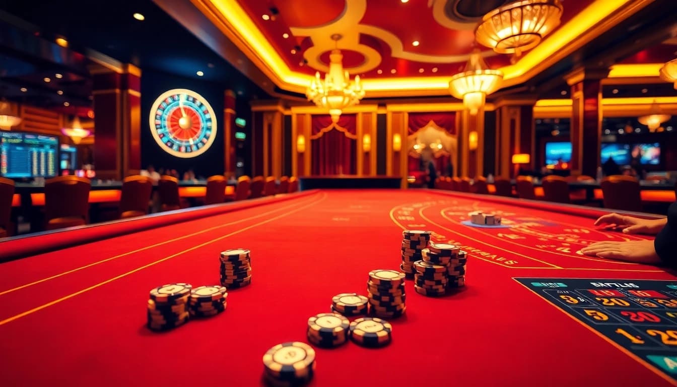 Engaging players enjoying their time แทงบอล at a luxurious casino with vibrant tables and neon lights.