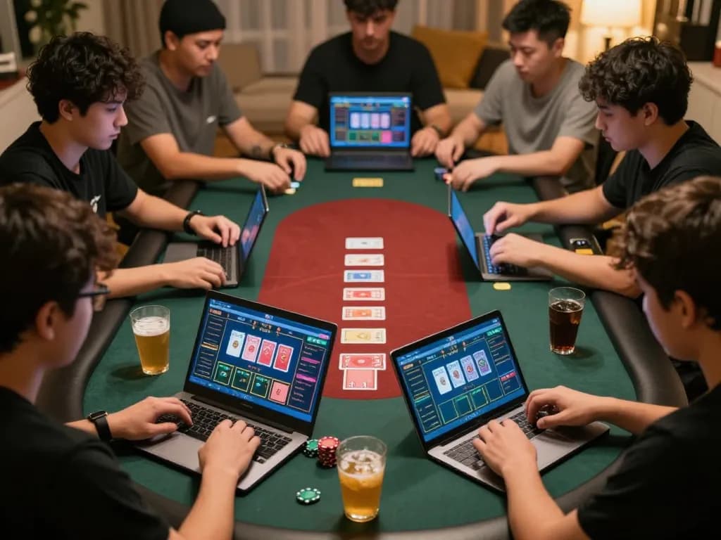Players engaging in strategic online poker games at home, showcasing sc8885 gameplay elements and cozy environments
