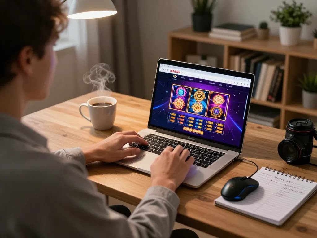 Engaging gameplay on hitclub4 while enjoying a cozy home office atmosphere with strategic notes