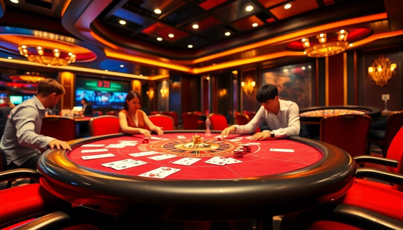 Players engage in a poker game at HDBET, showcasing vibrant chips and luxurious casino ambiance.