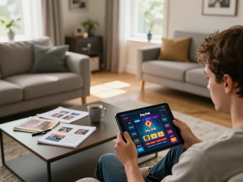 Player engaging with Joy.link free credit on a tablet during online gaming session at home.