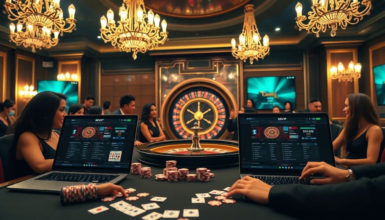 Players enjoying a thrilling poker game at 68VIP casino with modern technology and luxury elements.