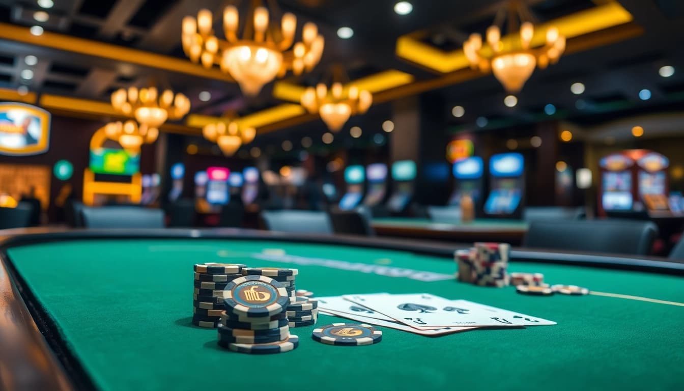 Taruhan kasino menggunakan ibet44 dengan suasana penuh ketegangan di meja poker.