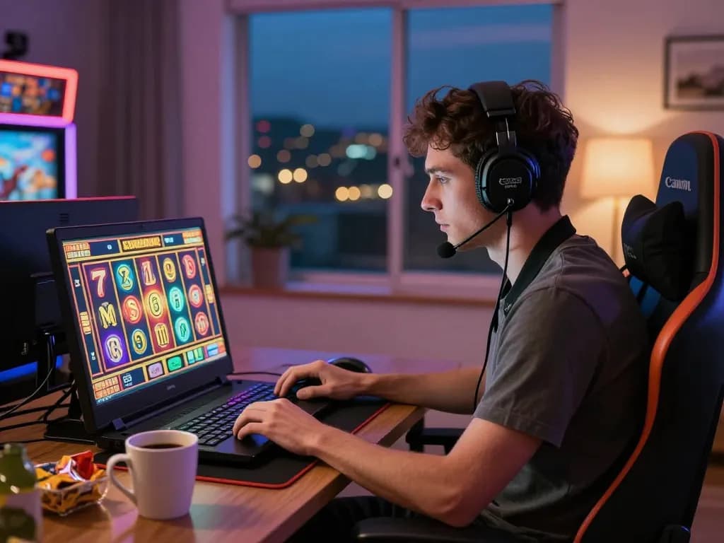 Momen permainan yang mengasyikkan menampilkan slot gacor hari ini di rumah, pemain terlibat dengan laptop dan layar yang bersinar.