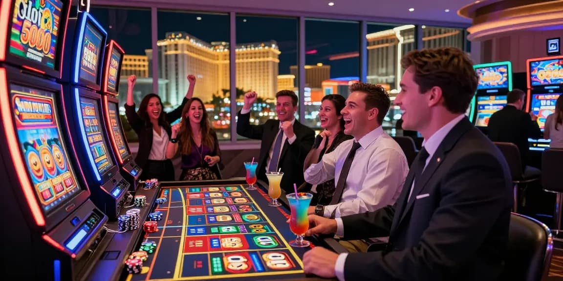 Slot 5000 gaming action with players celebrating wins in a vibrant casino atmosphere.
