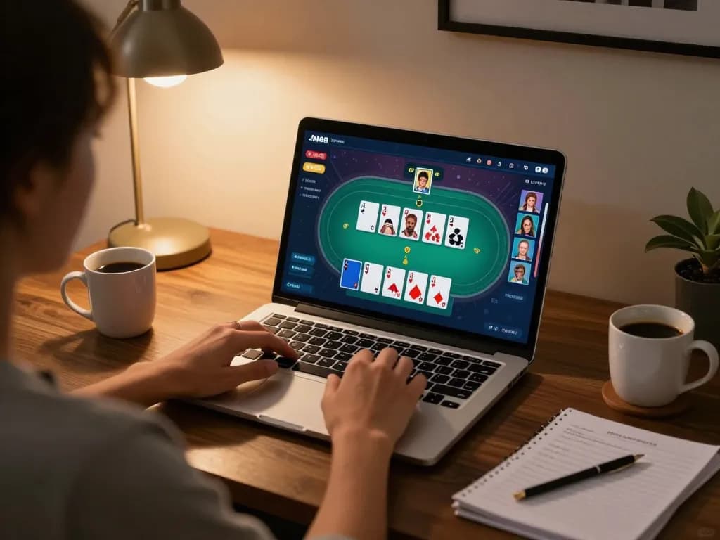 Person strategizing on jmb88 online poker game at home desk with warm lighting