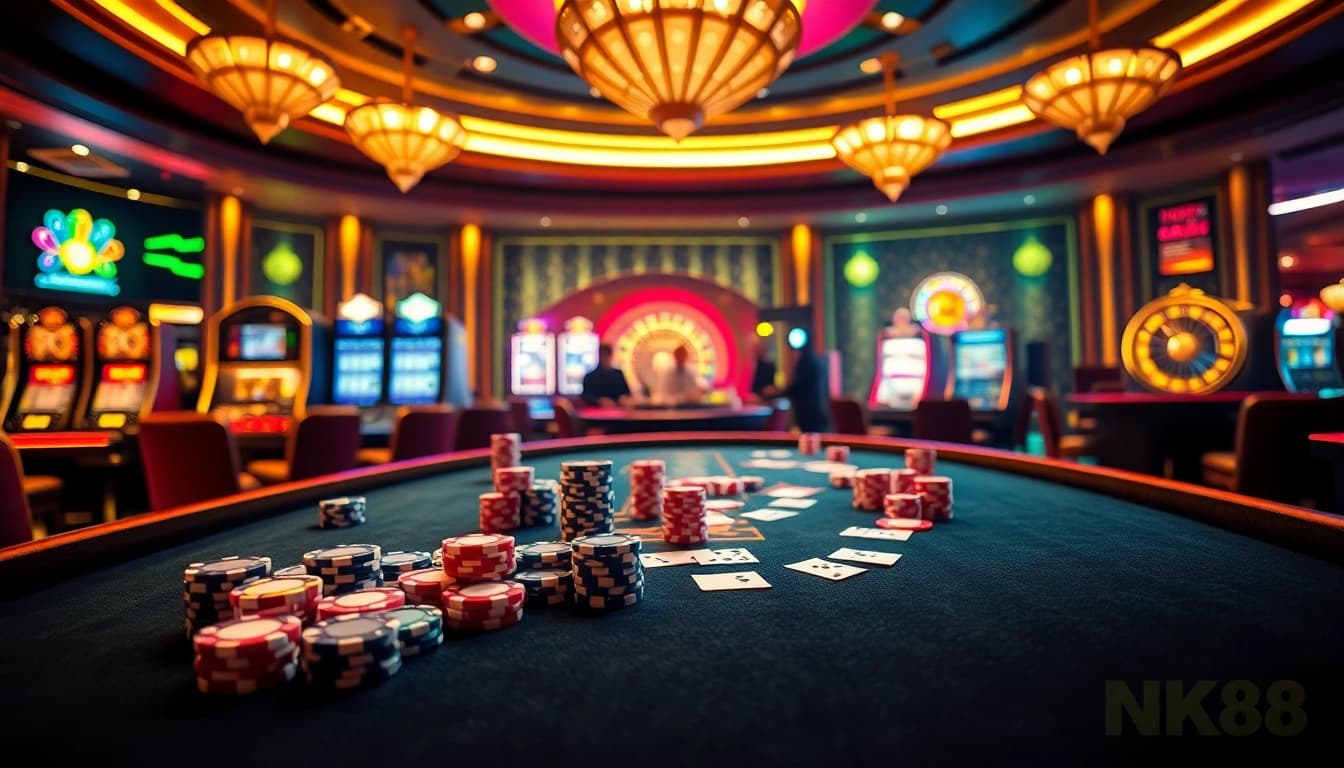 Engaging scene at nhà cái NK88 featuring vibrant casino games with players at the poker table.