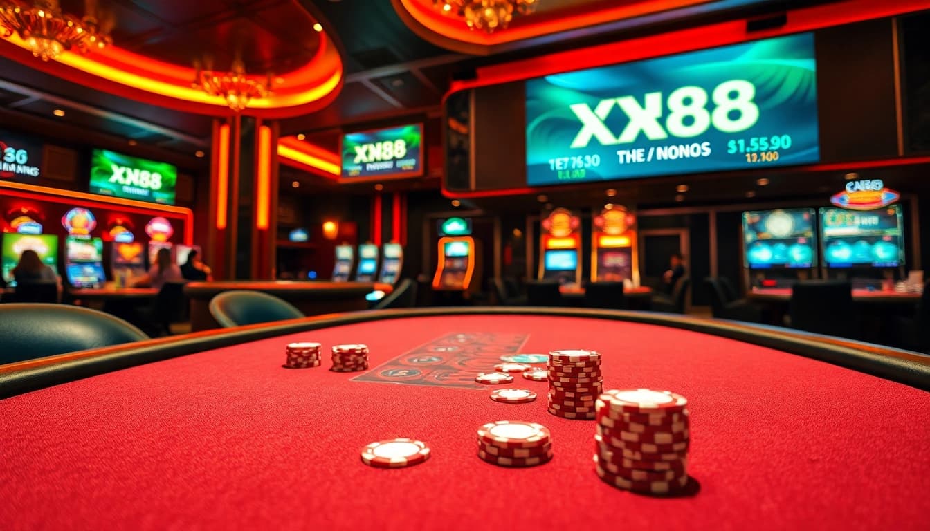 Experience excitement with xn88 đăng nhập at a luxurious poker table filled with action and vibrant casino elements.