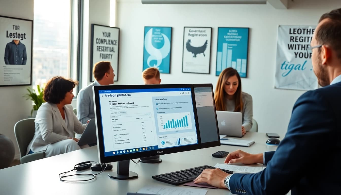 Visualize professionals working on registration and certification in Federal databases in a bright office.