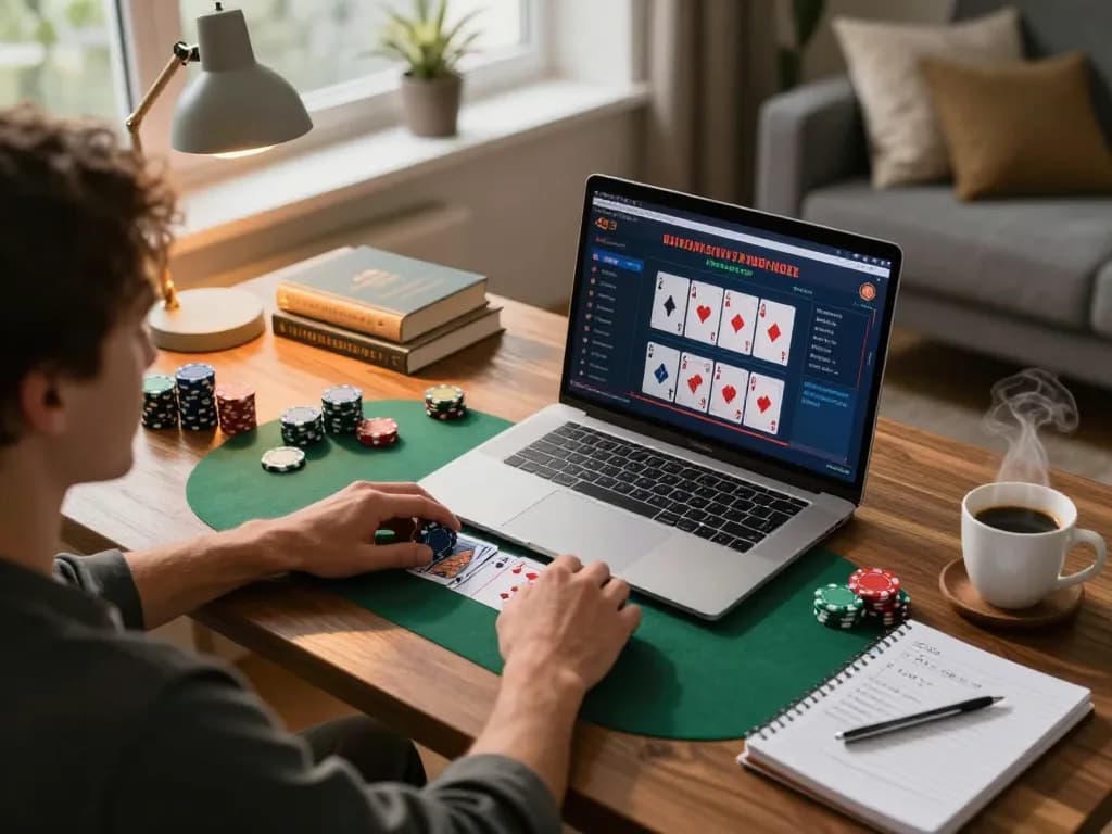 A player enjoys poker at home via audplay168, immersing in strategic gameplay with warm ambiance and cozy details.