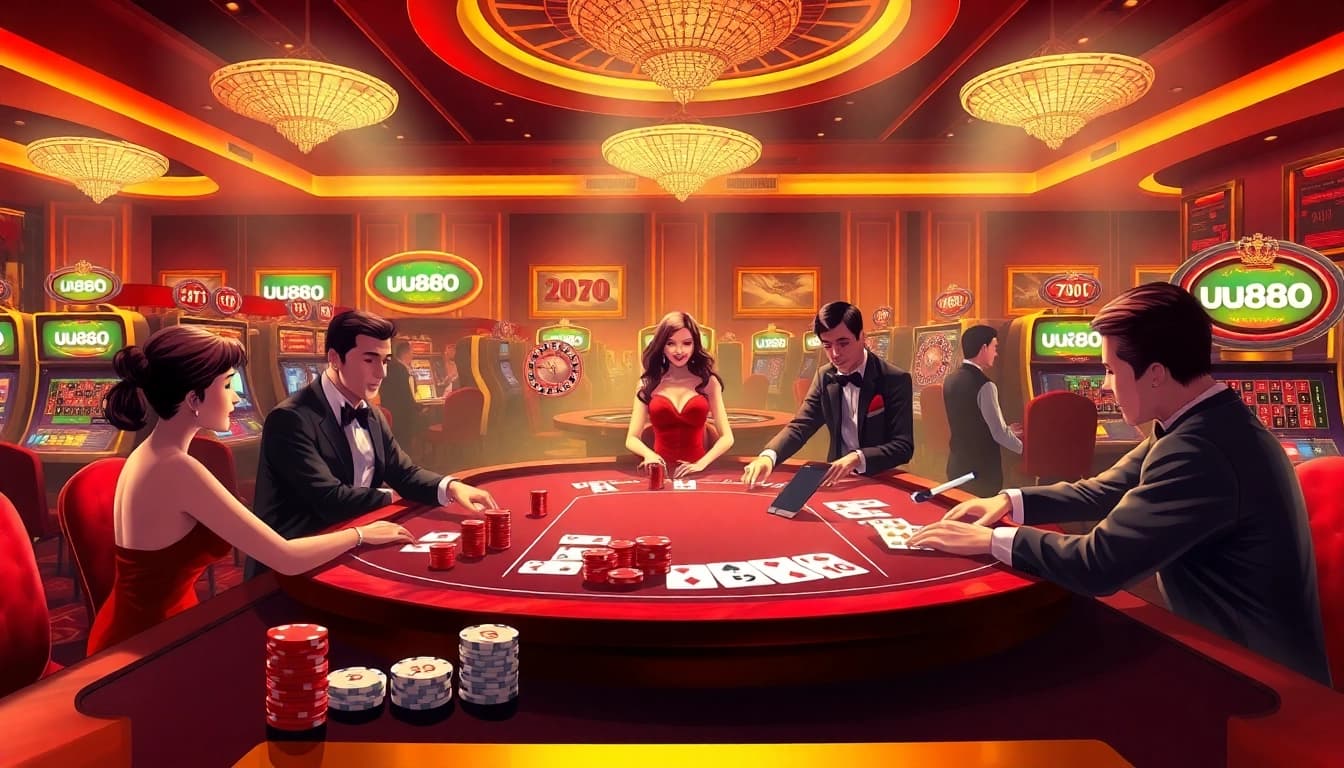 A vibrant casino scene featuring uu88 gaming tables with players engaged in exciting games.