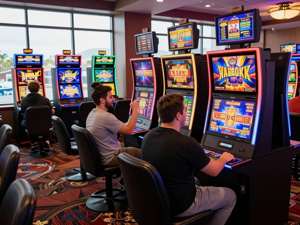Suasana kasino online yang menarik menyoroti slot gacor hari ini dengan pemain yang menikmati mesin permainan yang penuh warna.