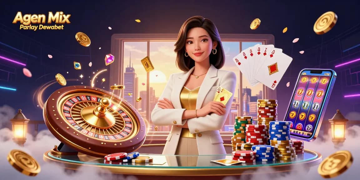 Agen Mix Parlay Dewabet highlights an elegant businesswoman amidst a vibrant casino scene.
