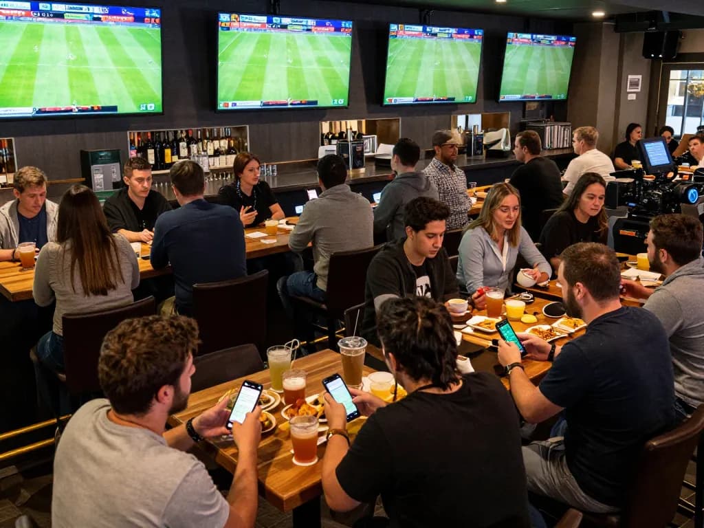 Exciting sports betting ambiance showing customers engaging with live streams and bets on trực tiếp bóng đá in a busy bar setting.
