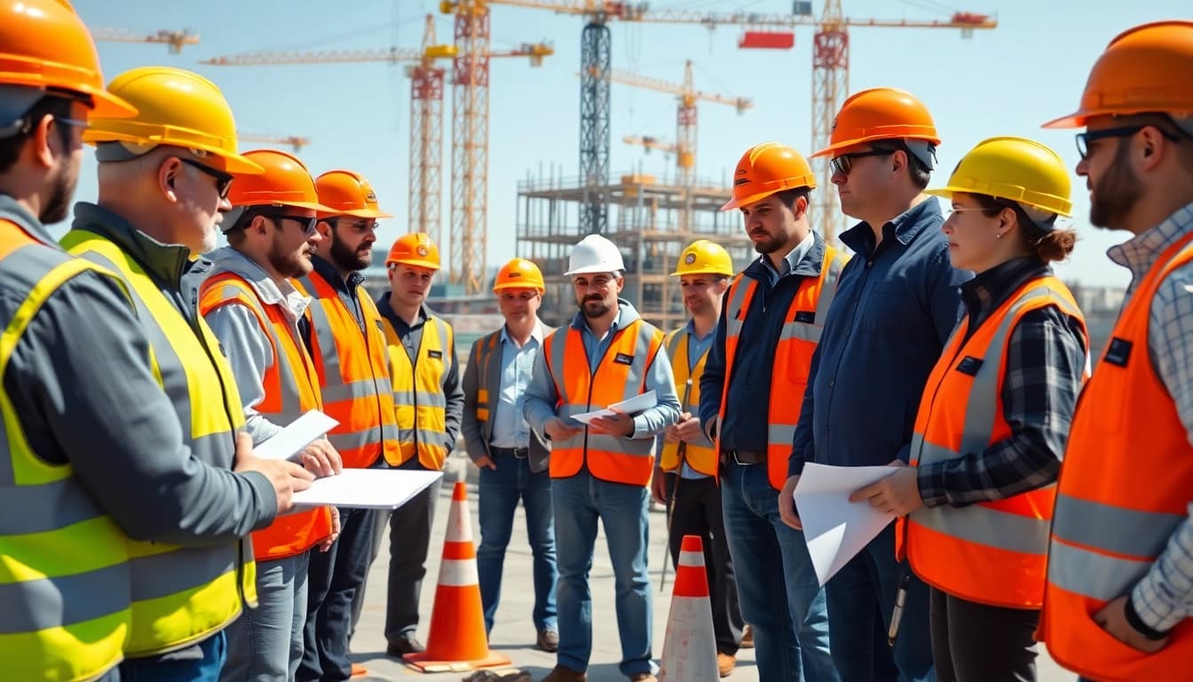 Engaged construction workers participating in construction safety training session.