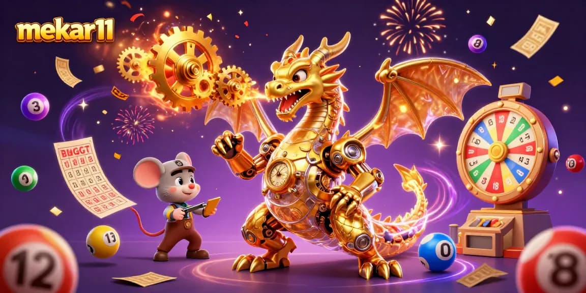 Mekar11 captures excitement with a golden dragon and vibrant lottery elements in a dynamic gambling scene.