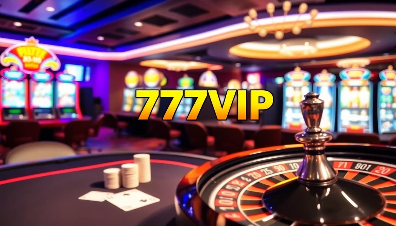 Experience thrilling games at 777VIP, featuring a vibrant casino ambiance with poker and slot machines.