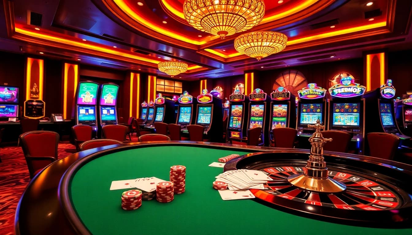 Action-packed gaming scene at nhà cái S8 with poker chips and roulette wheel.