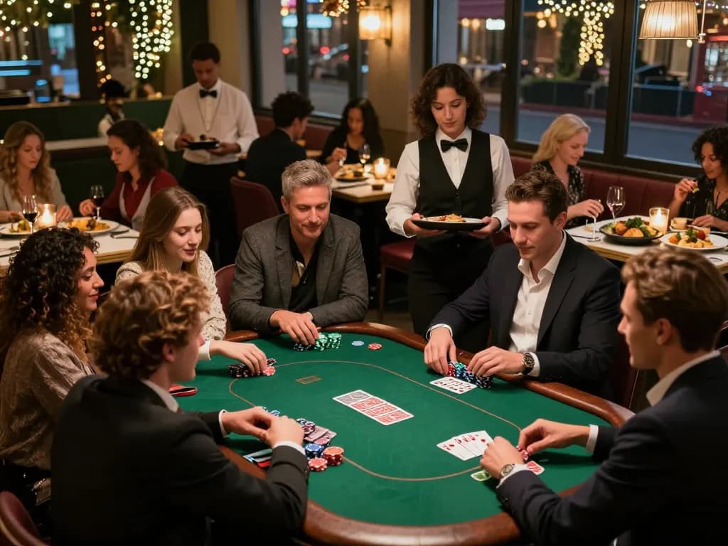 Exciting poker night at Pokerseri restaurant, friends enjoying gourmet dishes and games.