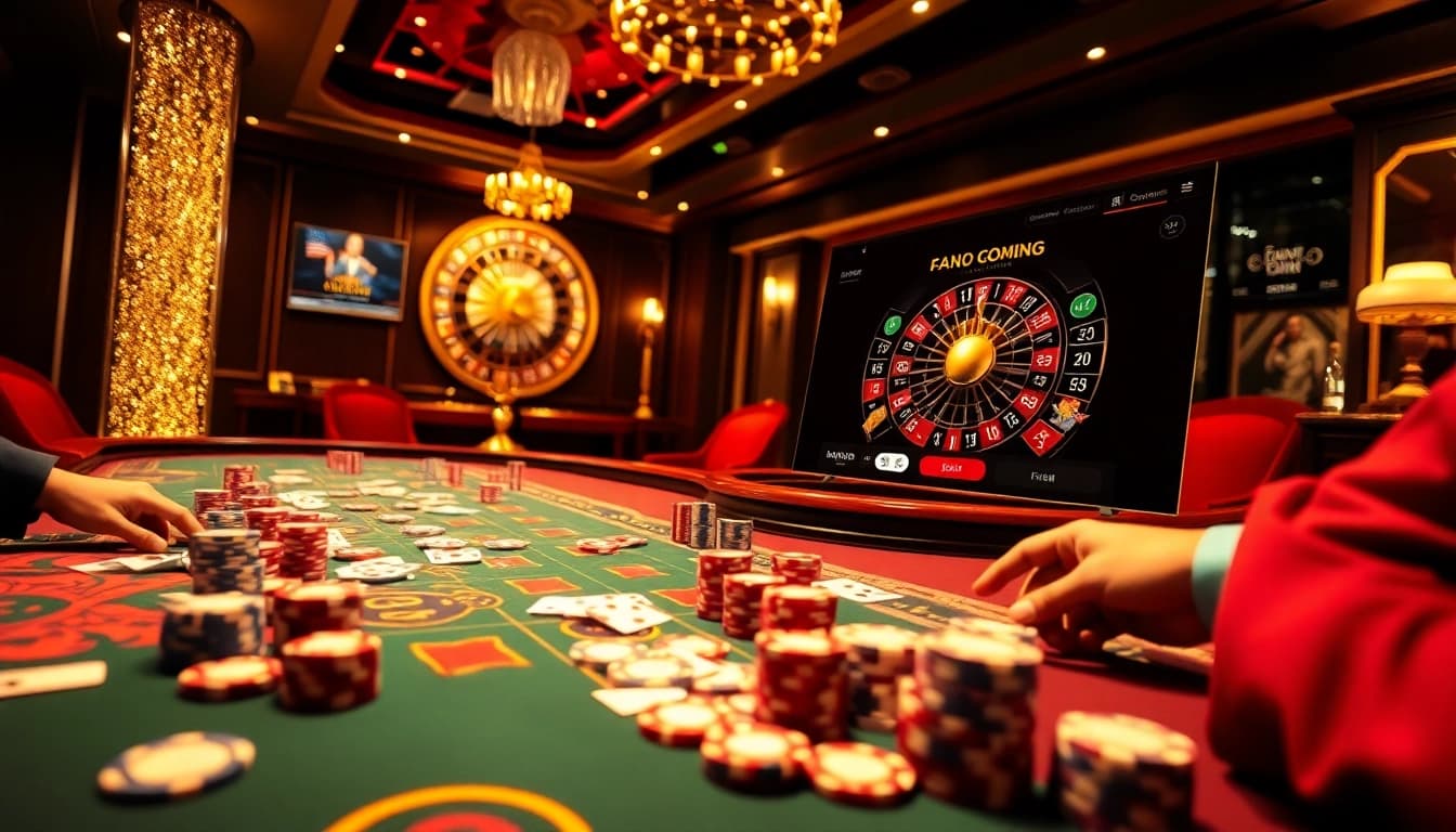 Experience khuyến mãi okfun through thrilling casino gameplay with vibrant poker tables and roulette wheels.