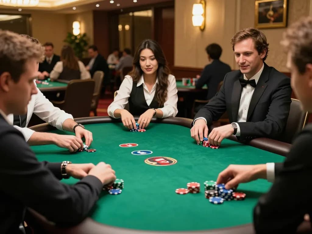 Players engage in a strategic poker game at EE88 casino, showcasing vibrant poker chips and dynamic atmosphere.