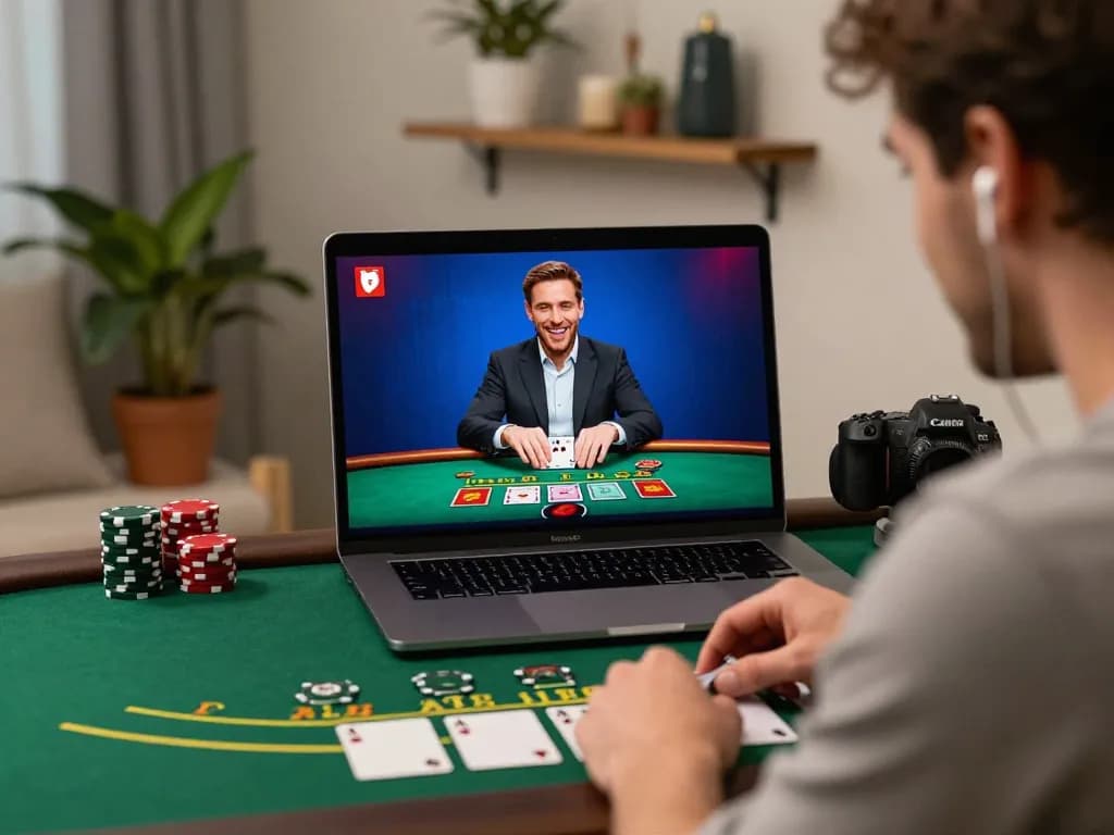 Player engaging in a live dealer blackjack game on a laptop at home showcasing sunwin gaming experience.